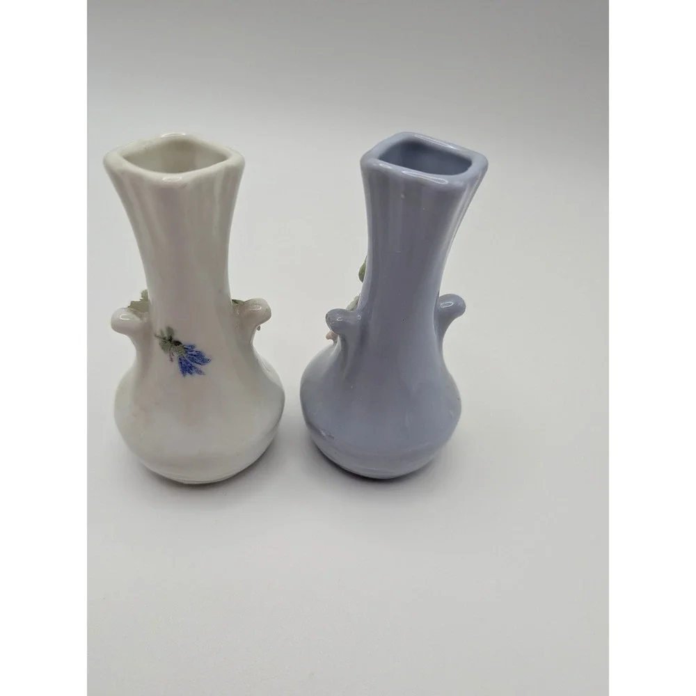 Vintage Germany Miniature‎ Porcelain Bud Vases Set Applied 3D Flowers White Blue